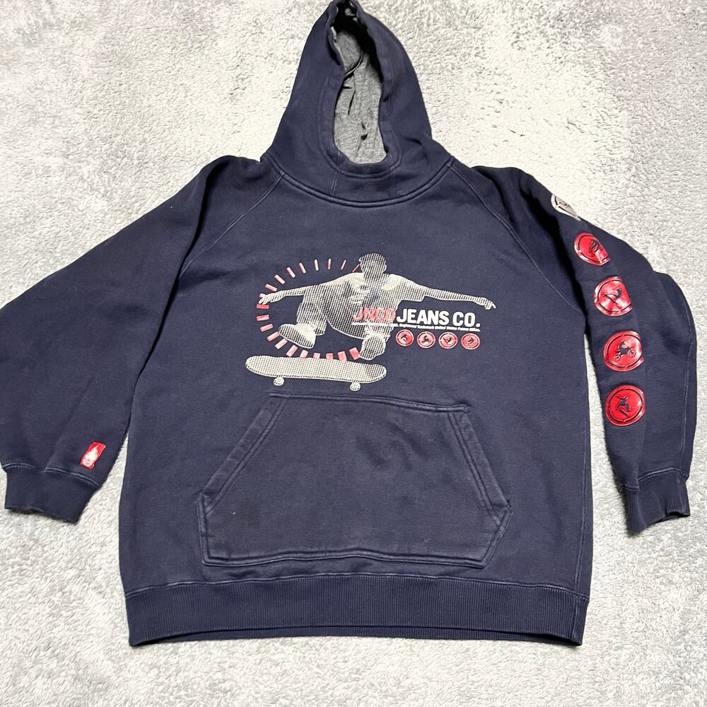 Vintage 90s JNCO Jeans Hoodie Youth Sz M Navy Skateboard Y2K Allover Graphics